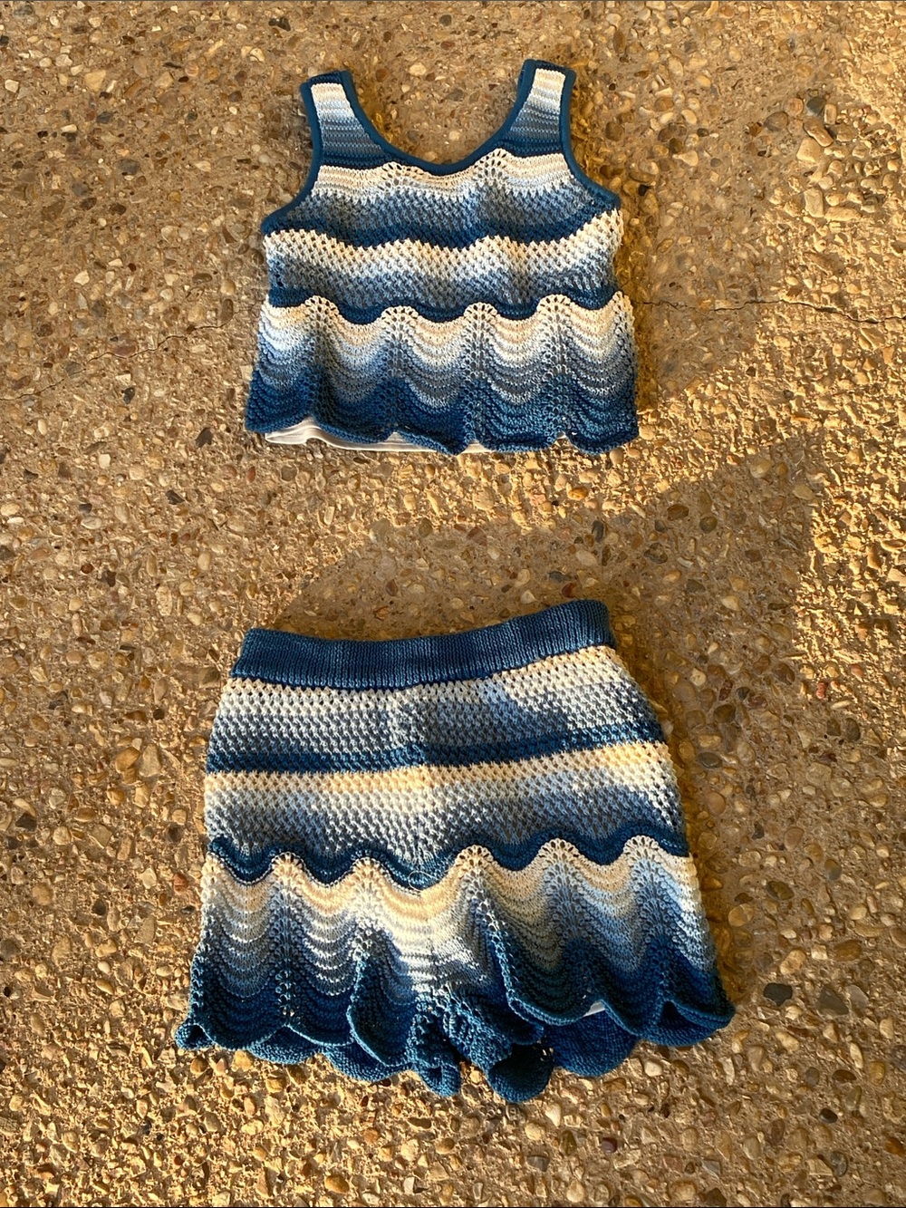 Haute Hippie Blue & White Crocheted Wave Knit Set